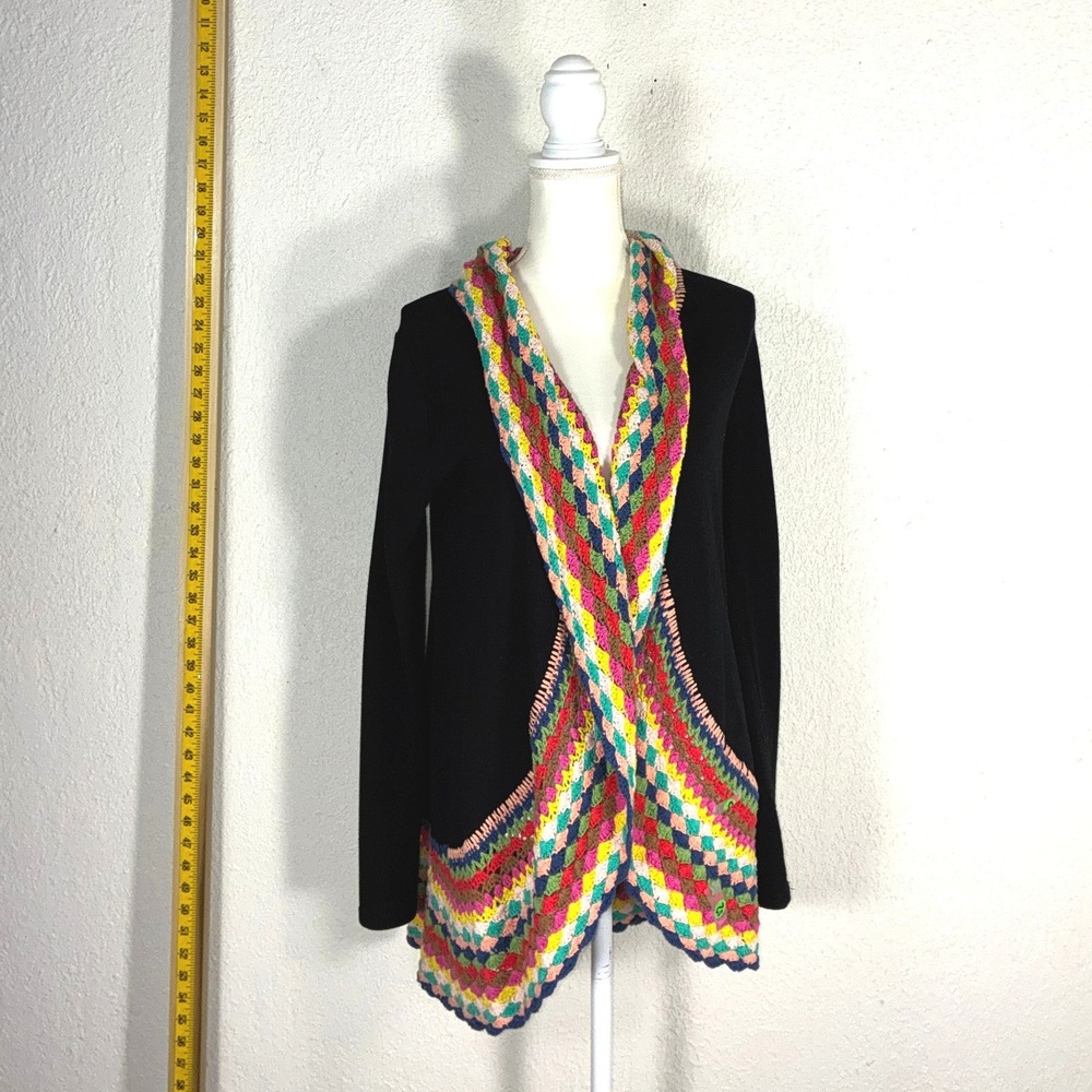 May & July Black Crochet Trim Open Front Cardigan Sweater Small MJW-300 Boho